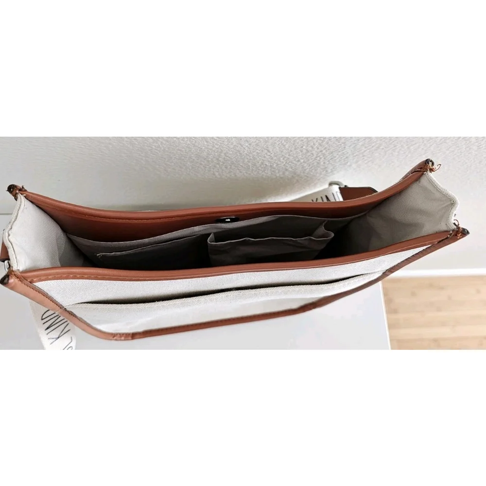 RAE DUNN BE KIND Shoulder Strap Satchel Tan Canvas Brown Leather - Very Clean - Picture 8 of 13